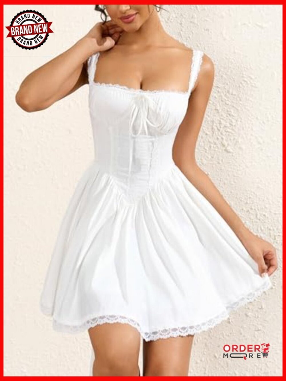 Floral Mini Dress Square Neck Tie Front Lace Ruched Backless Party - Picture 2 of 7